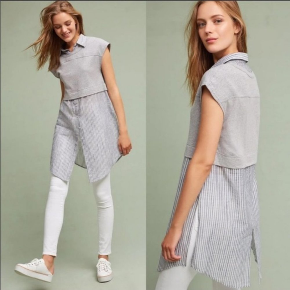 Anthropologie Gray & White Striped Layered Tunic
